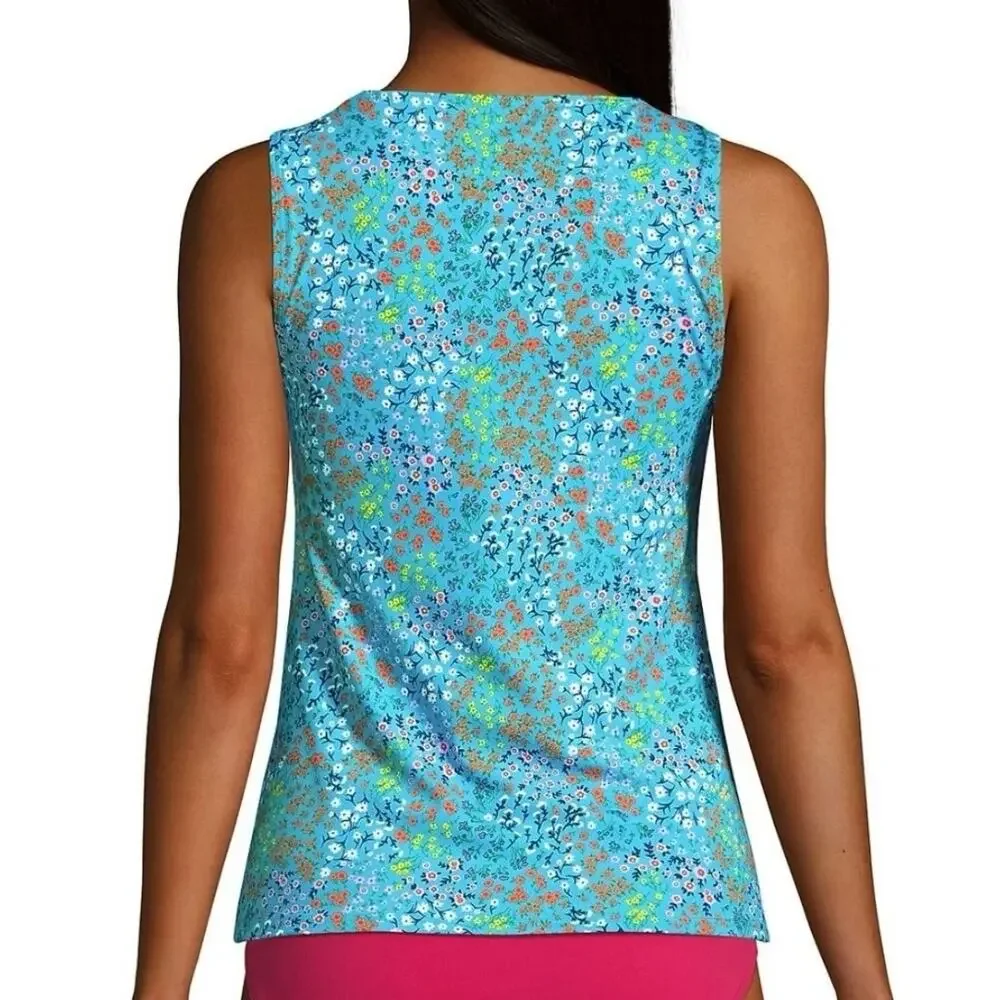Lands End Floral Tankini Tank Top Womens Size 4 Turquoise UPF 50 Swim Beach